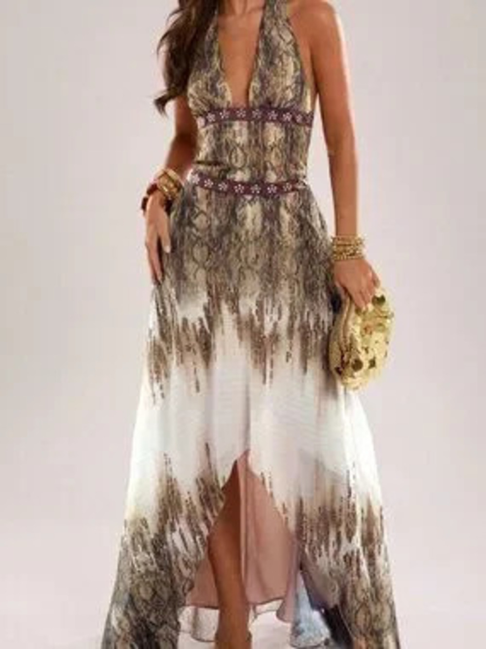 ZARA Brown Sexy Halter Neck Women's Gradient Shiny Leopard A-Line Dress